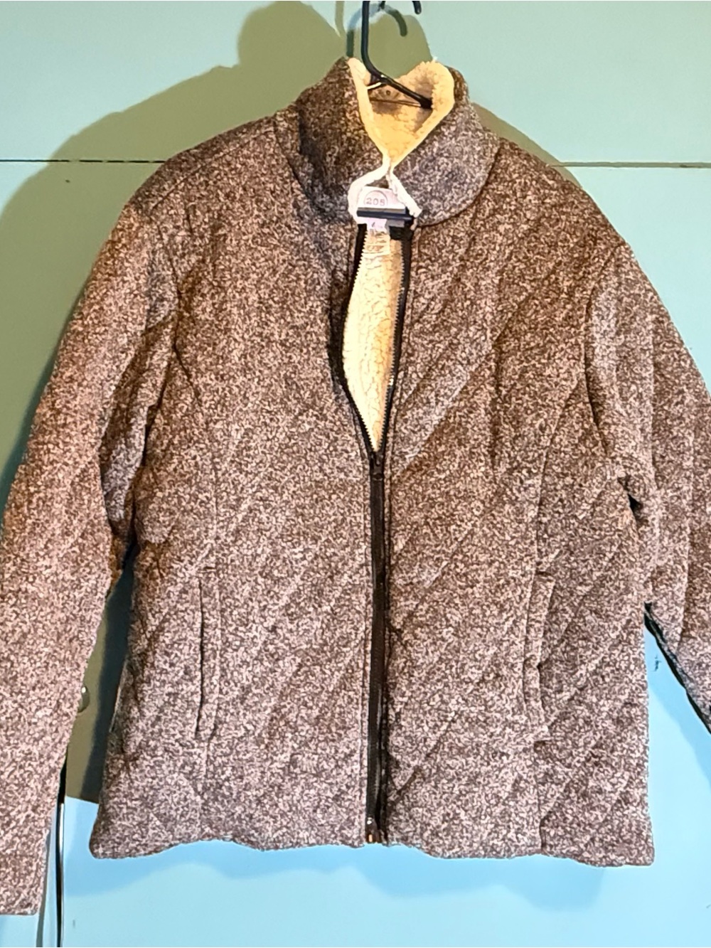 Quilted Heather Gray Puffer Jacket with Sherpa Trim